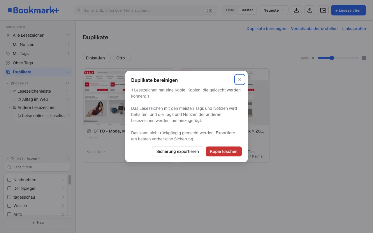 Dialog „Duplikate bereinigen“