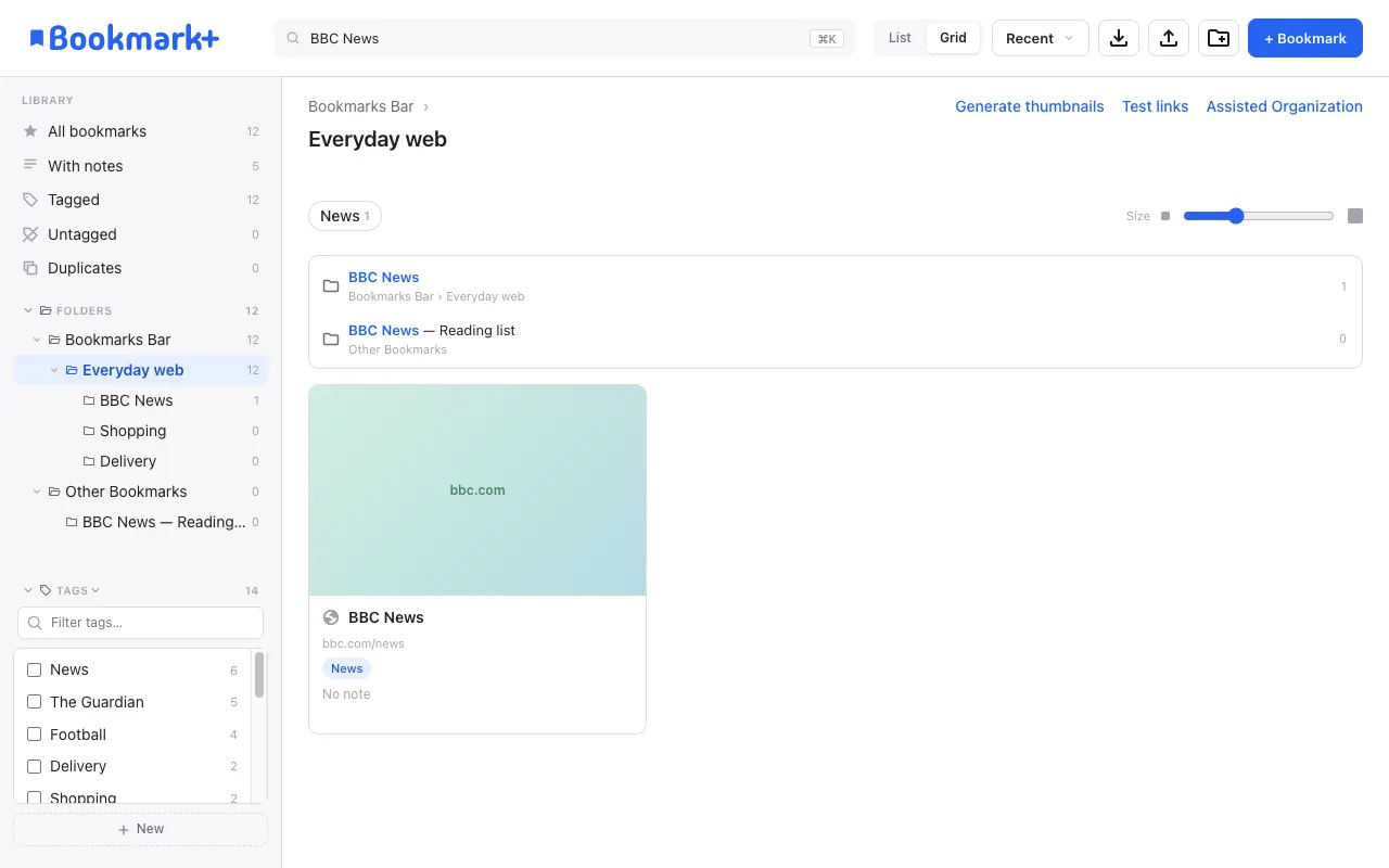 Search results showing matching folders above the bookmarks