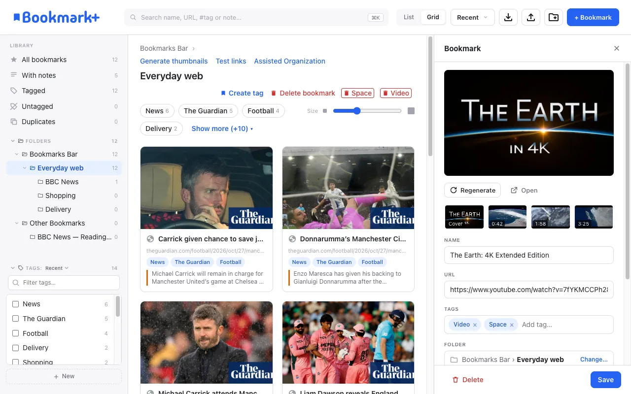 YouTube frames in the bookmark editor