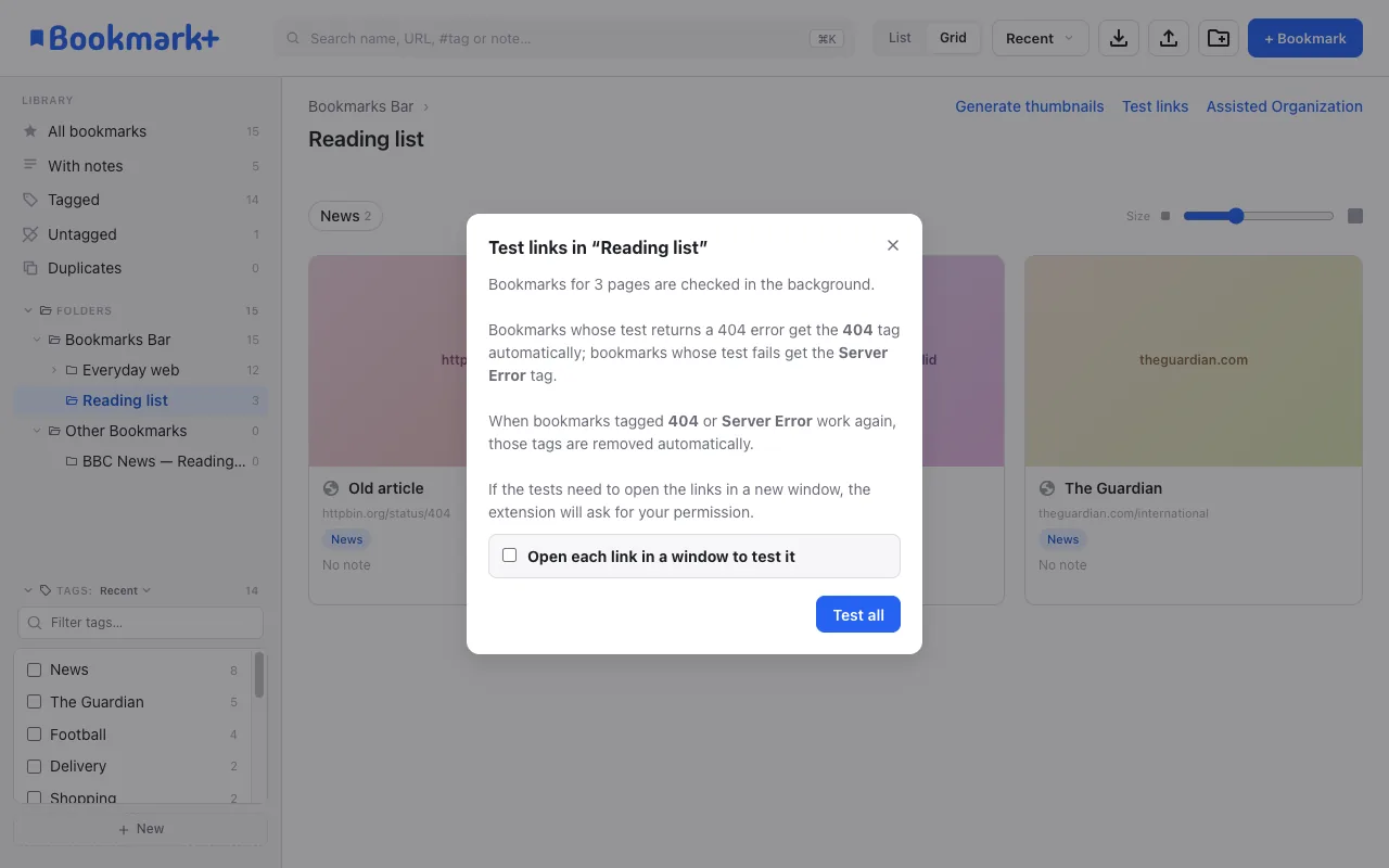 Test links dialog