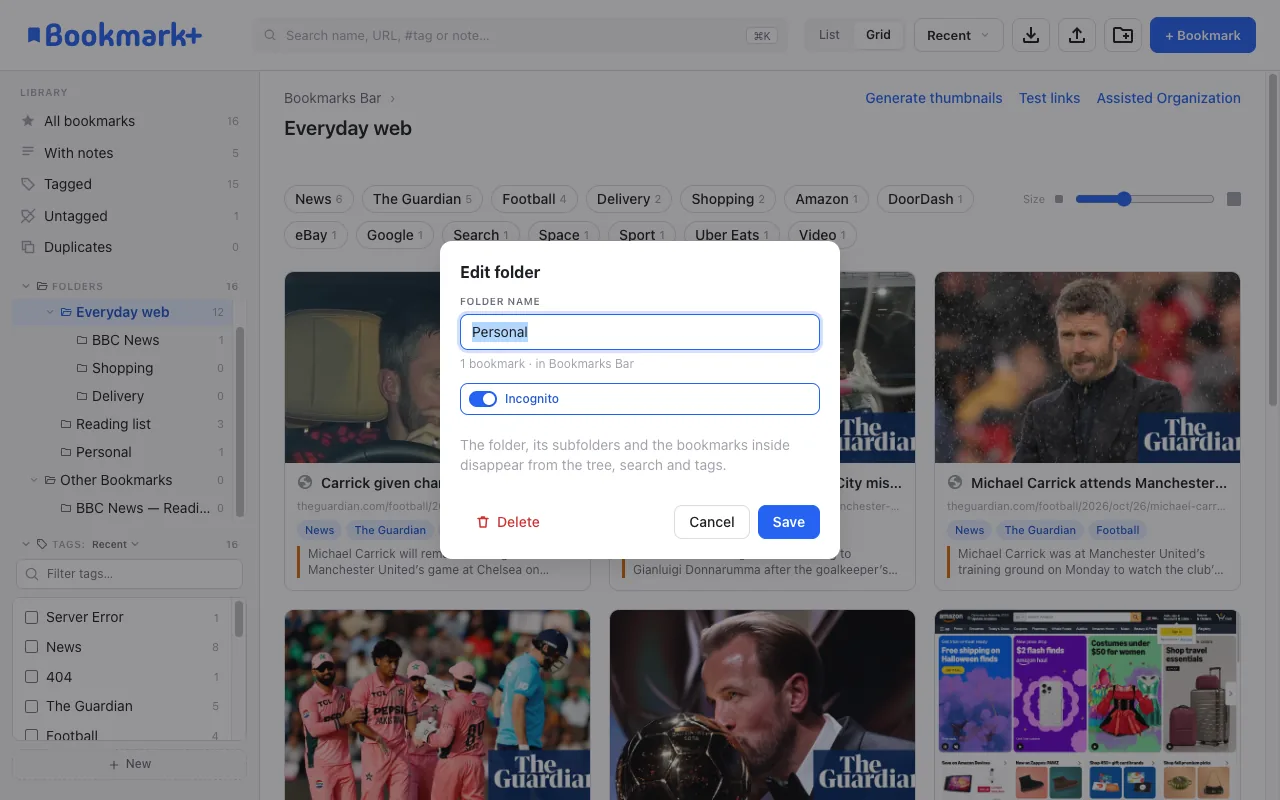 Folder marked for Incognito Browsing