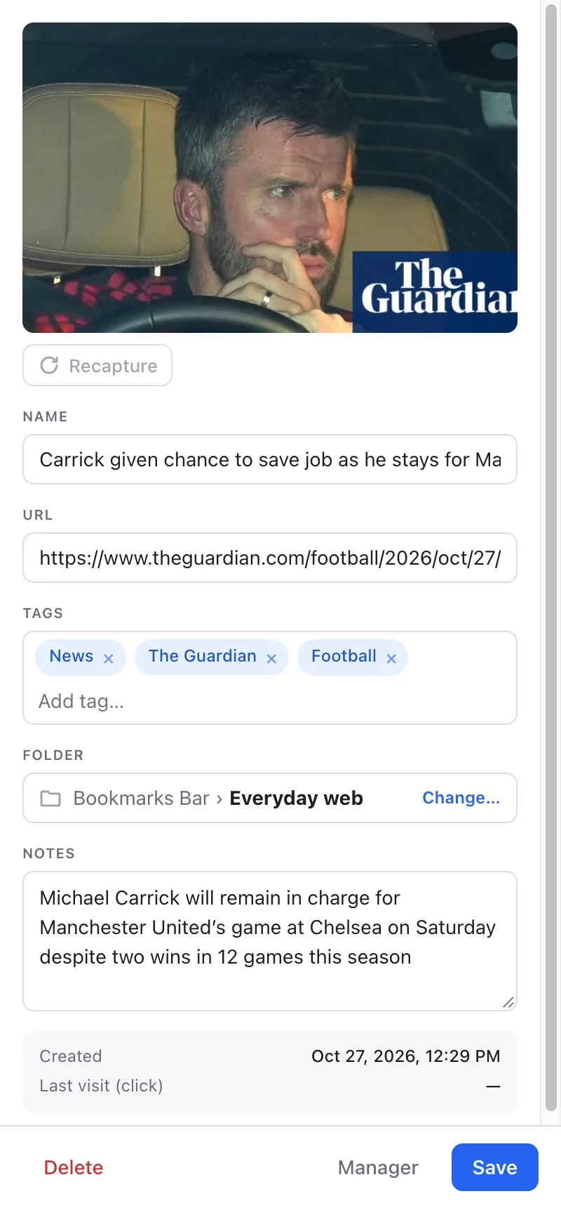 The side panel editing the current page's bookmark