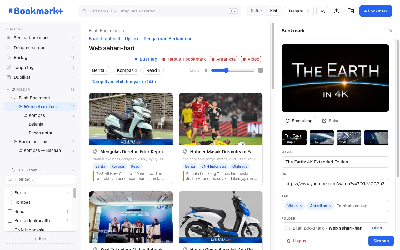 Bingkai YouTube di editor bookmark