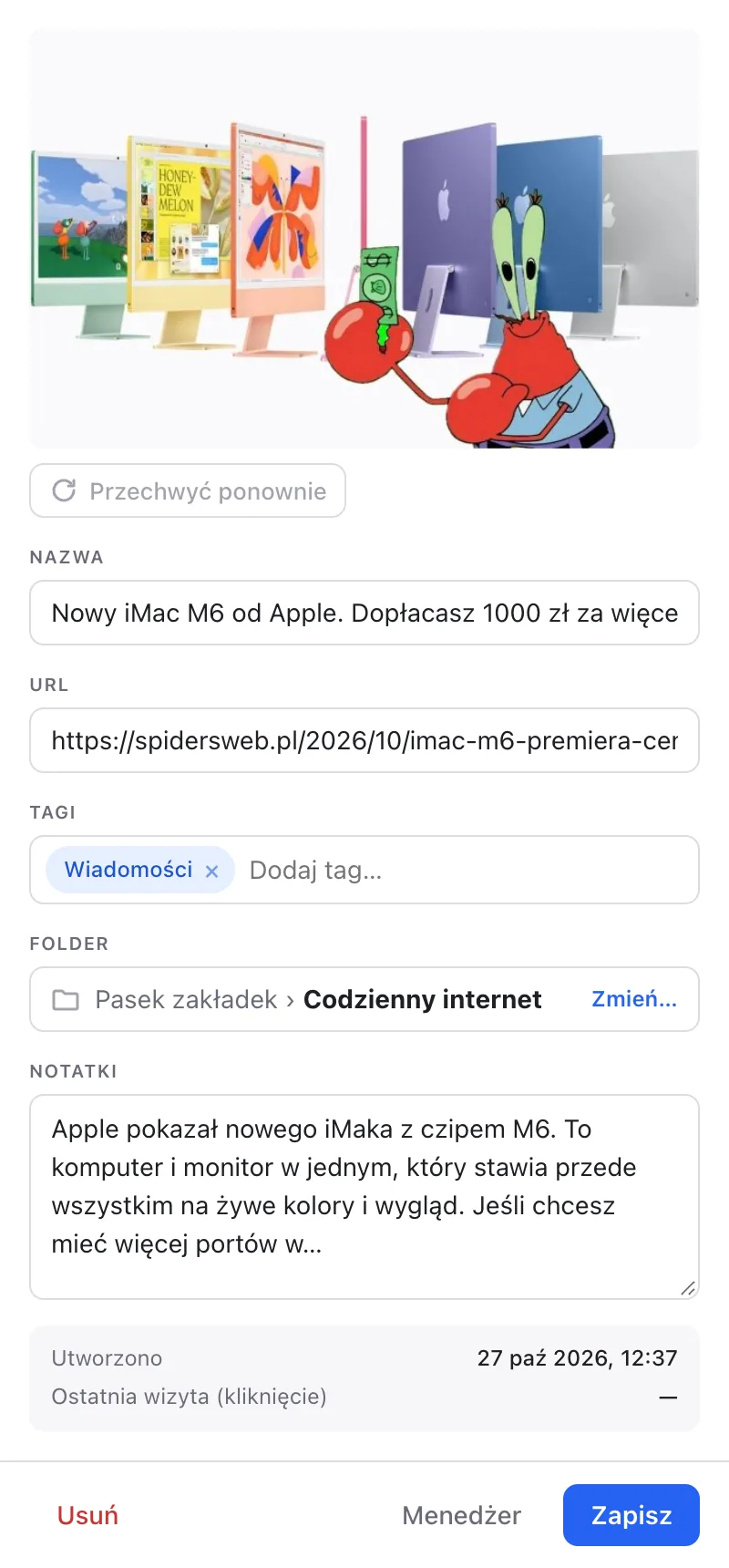 Panel boczny z edycją zakładki bieżącej strony