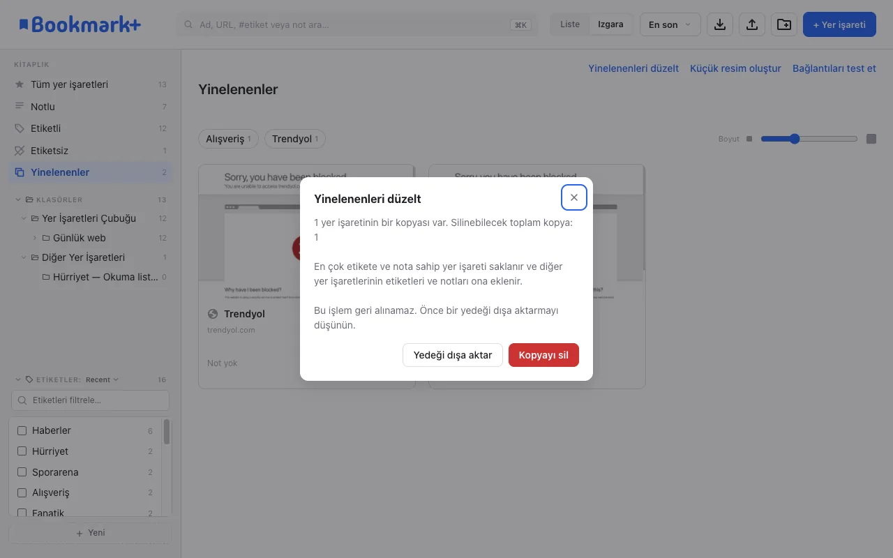 Yinelenenleri düzelt iletişim kutusu